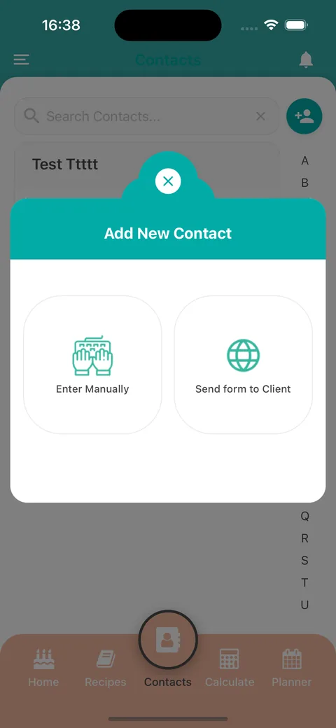 Le opzioni di Aggiungi un nuovo contatto sull'app mobile: Inserisci manualmente e Invia il modulo al cliente