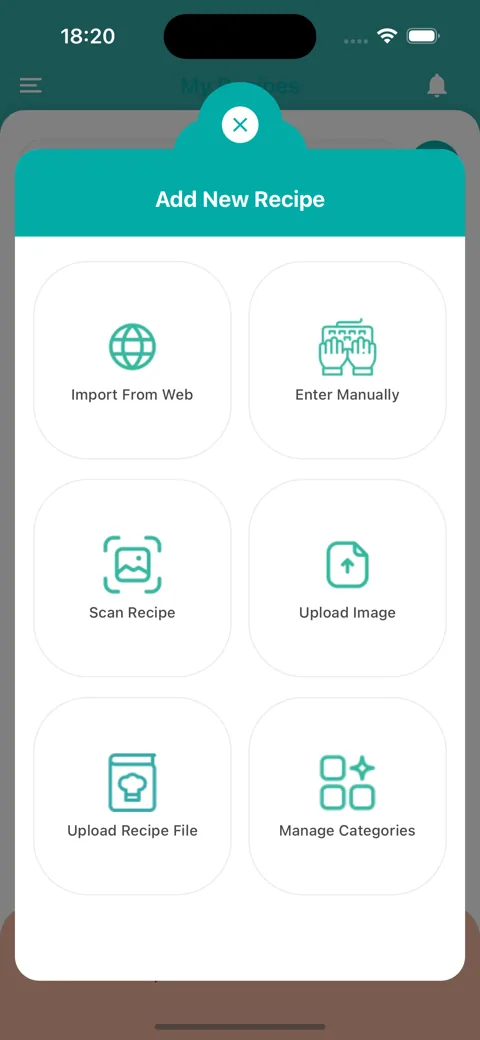 El menú Añadir nueva receta en la app móvil con las opciones Importar desde la web, Introducir manualmente, Escanear receta, Subir imagen, Subir archivo de receta y Gestionar categorías