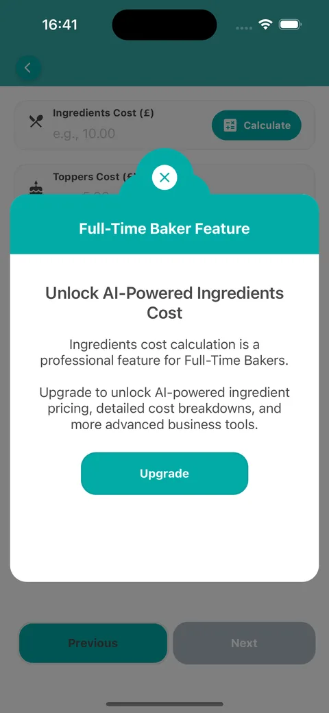 The Full-Time Baker Feature prompt on the mobile app, offering to unlock AI-powered ingredients cost