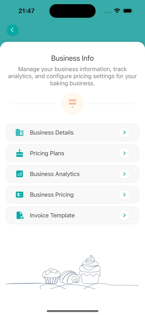 La pantalla Información del negocio en la app móvil con Datos del negocio, Planes, Analíticas, Precios y Plantilla de factura