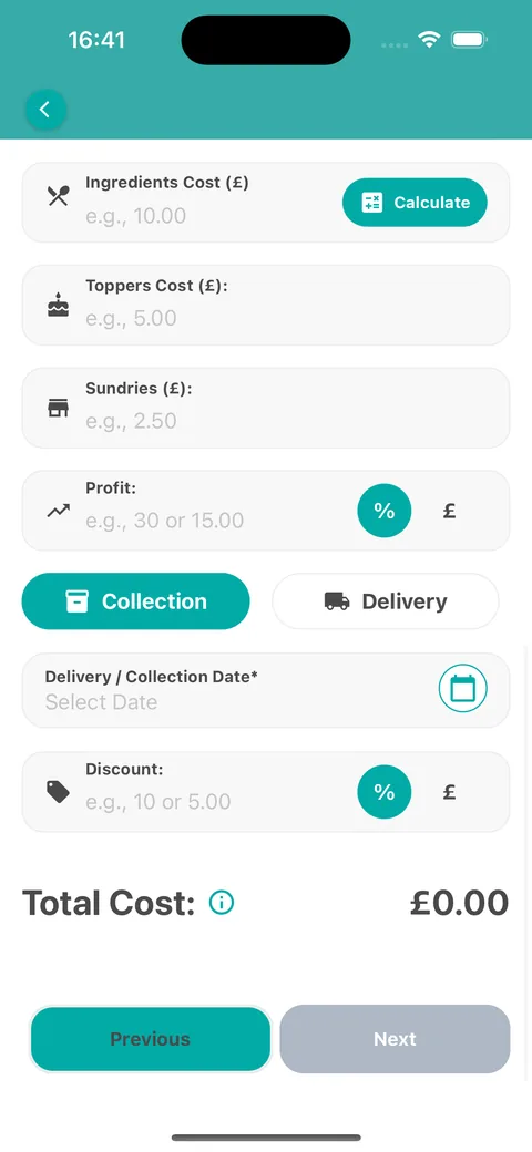 The cost fields on the mobile app with a Calculate button beside Ingredients Cost