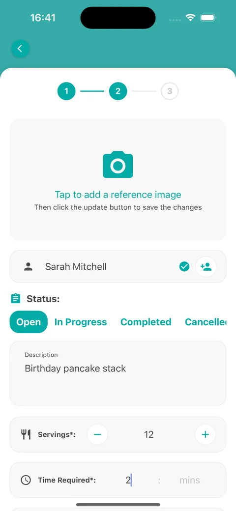 Step 2 of 3 on the mobile app showing customer name, status, description, servings and time required