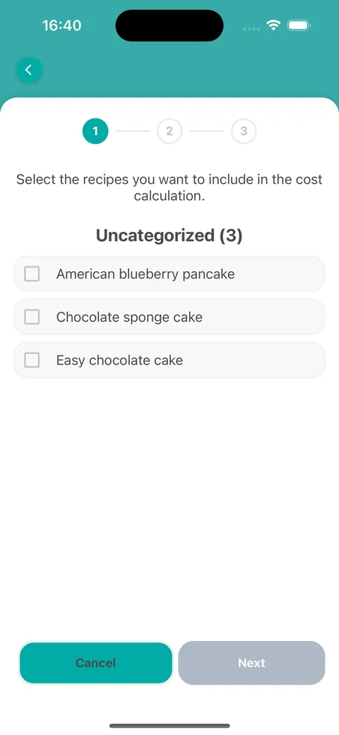 Step 1 of 3 on the mobile app, with a list of recipes to tick