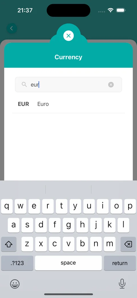 The currency list with EUR typed into the search box, showing EUR Euro
