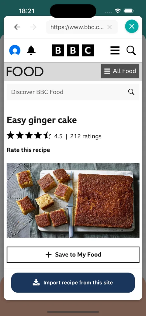 El navegador de la app abierto en una receta de bizcocho fácil de jengibre de BBC Food con el botón Importar receta de este sitio en la parte inferior