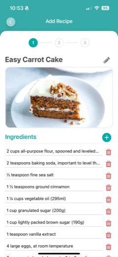 Una receta importada de tarta de zanahoria fácil en el paso 1 de 3, con la foto y la lista de ingredientes listas para revisar