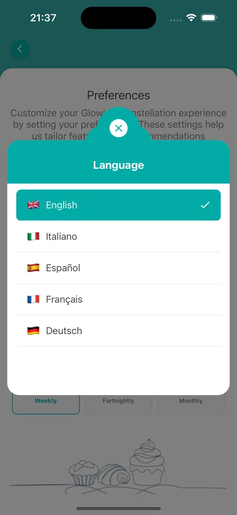 The language list with English, Italiano, Español, Français and Deutsch