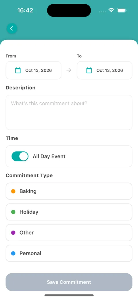 Le formulaire d'ajout d'un engagement sur l'application mobile avec dates, description, option toute la journée et types d'engagement