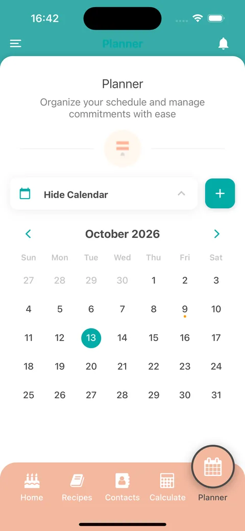 L'onglet Planning de l'application mobile avec un calendrier mensuel et la date du jour en surbrillance