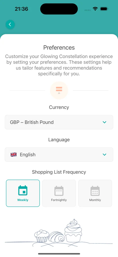 The Preferences screen with the currency and language pickers