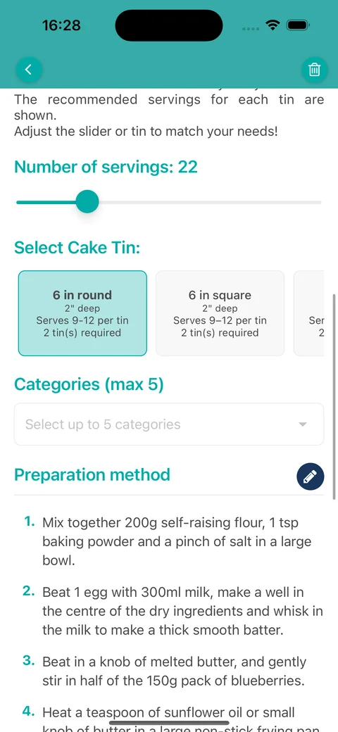 A recipe on the mobile app showing the Categories field below the servings slider and cake tin options