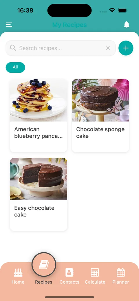 The My Recipes screen on the mobile app with a search bar, an All category chip and a grid of recipe cards