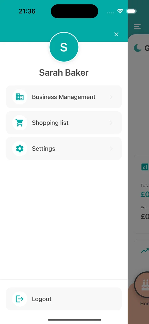 The app menu with Business Management, Shopping list and Settings