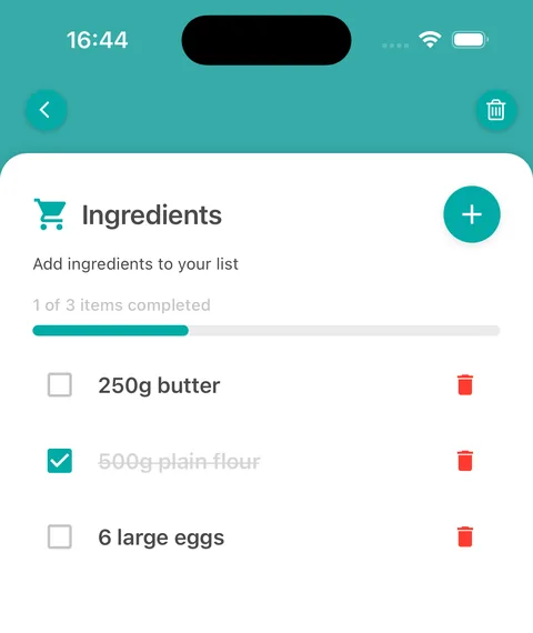 A mobile shopping list with three ingredients, one of them ticked off, and a progress bar