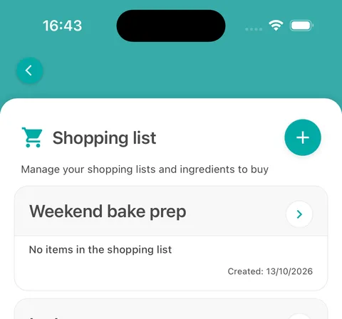 The Shopping list screen on the mobile app showing a list called Weekend bake prep