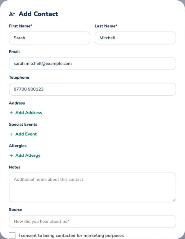 La finestra Aggiungi contatto sul web con nome, email, telefono, indirizzo, eventi, allergie, note e provenienza
