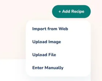 El menú Añadir receta en la página Recetas con las opciones Importar desde la web, Subir imagen, Subir archivo e Introducir manualmente