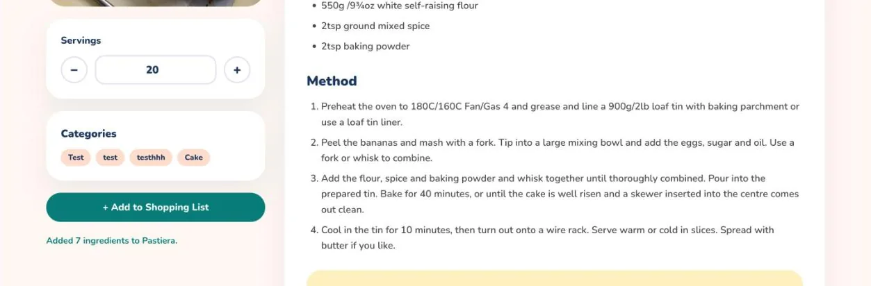 The recipe page on the web after selecting Add to Shopping List, with a message saying how many ingredients were added