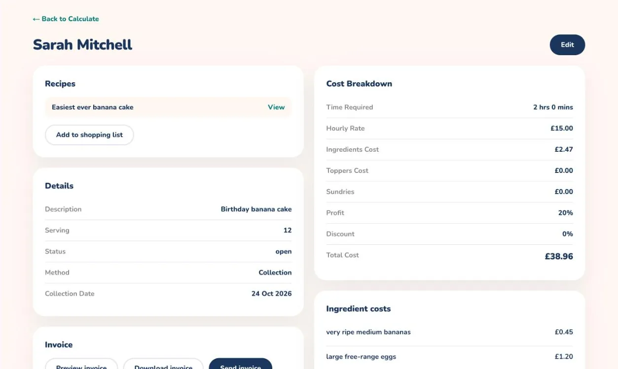 A saved calculation on the web with its cost breakdown and ingredient costs