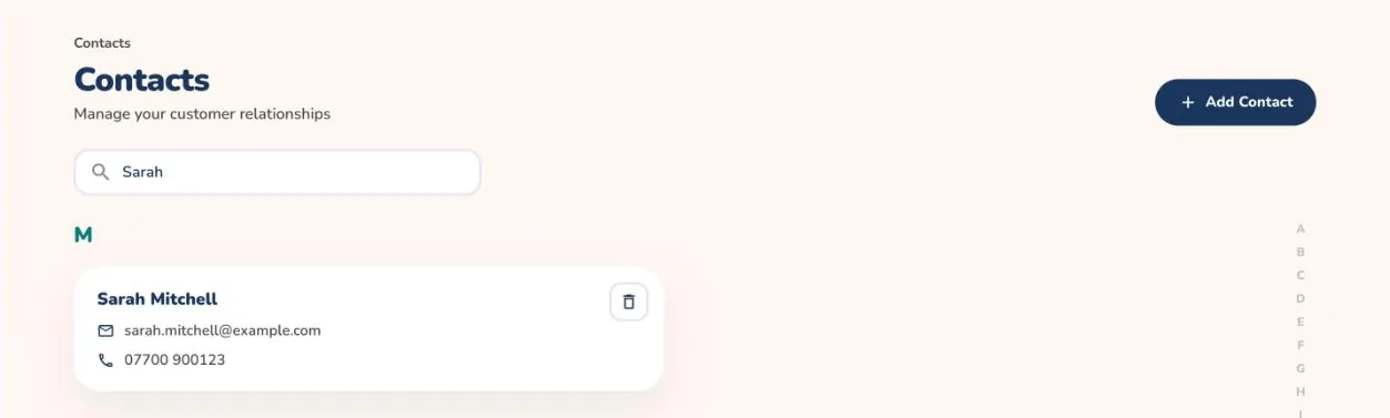 La pagina dei contatti sul web filtrata su un solo contatto con email e numero di telefono