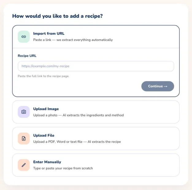 La página Añadir receta con Importar desde URL seleccionado, mostrando el cuadro URL de la receta y el botón Continuar