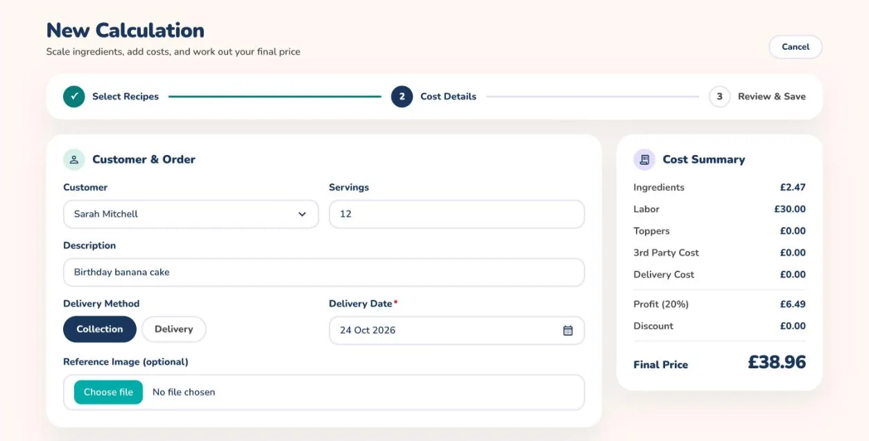 Step 2 of the New Calculation page with customer, servings, delivery date and a cost summary showing the final price