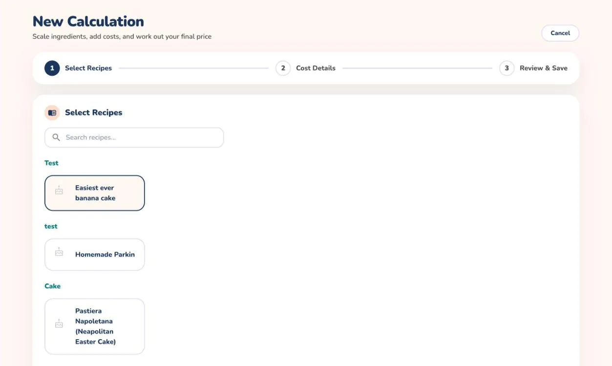 Step 1 of the New Calculation page on the web with recipes grouped by category