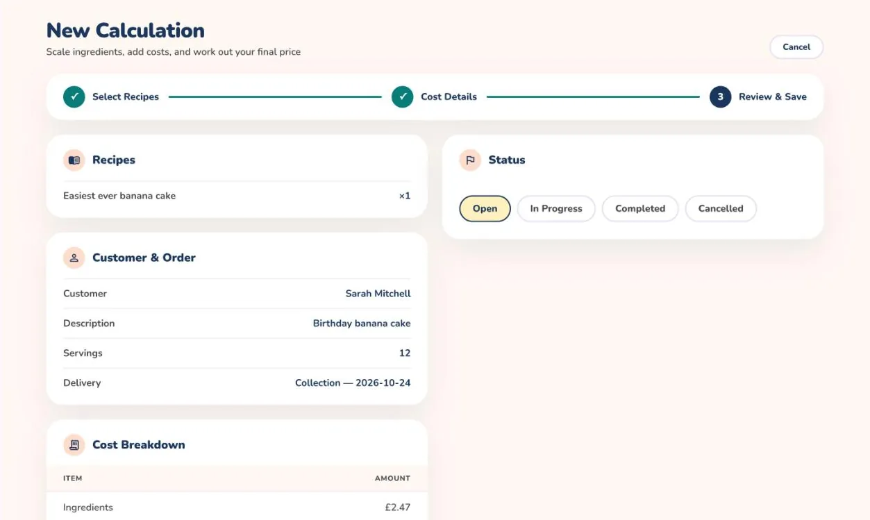 Step 3 of the New Calculation page with the recipe, customer and status ready to save