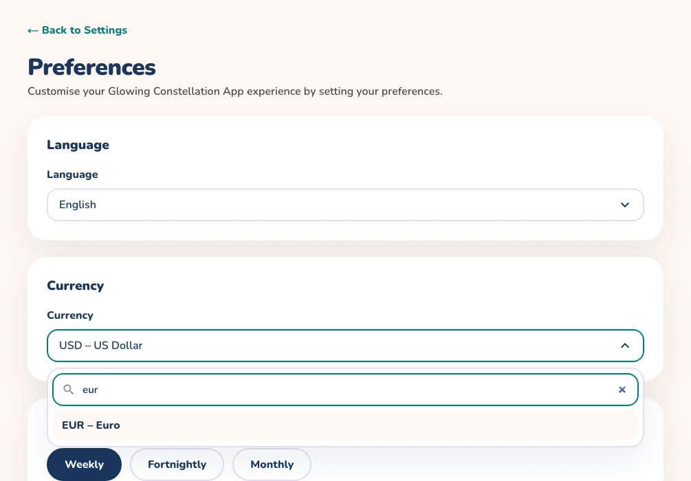 The Preferences page with the currency list open and EUR typed into the search box, showing EUR – Euro