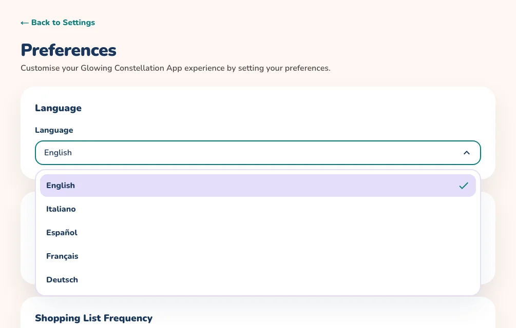 The Preferences page with the language list open showing English, Italiano, Español, Français and Deutsch