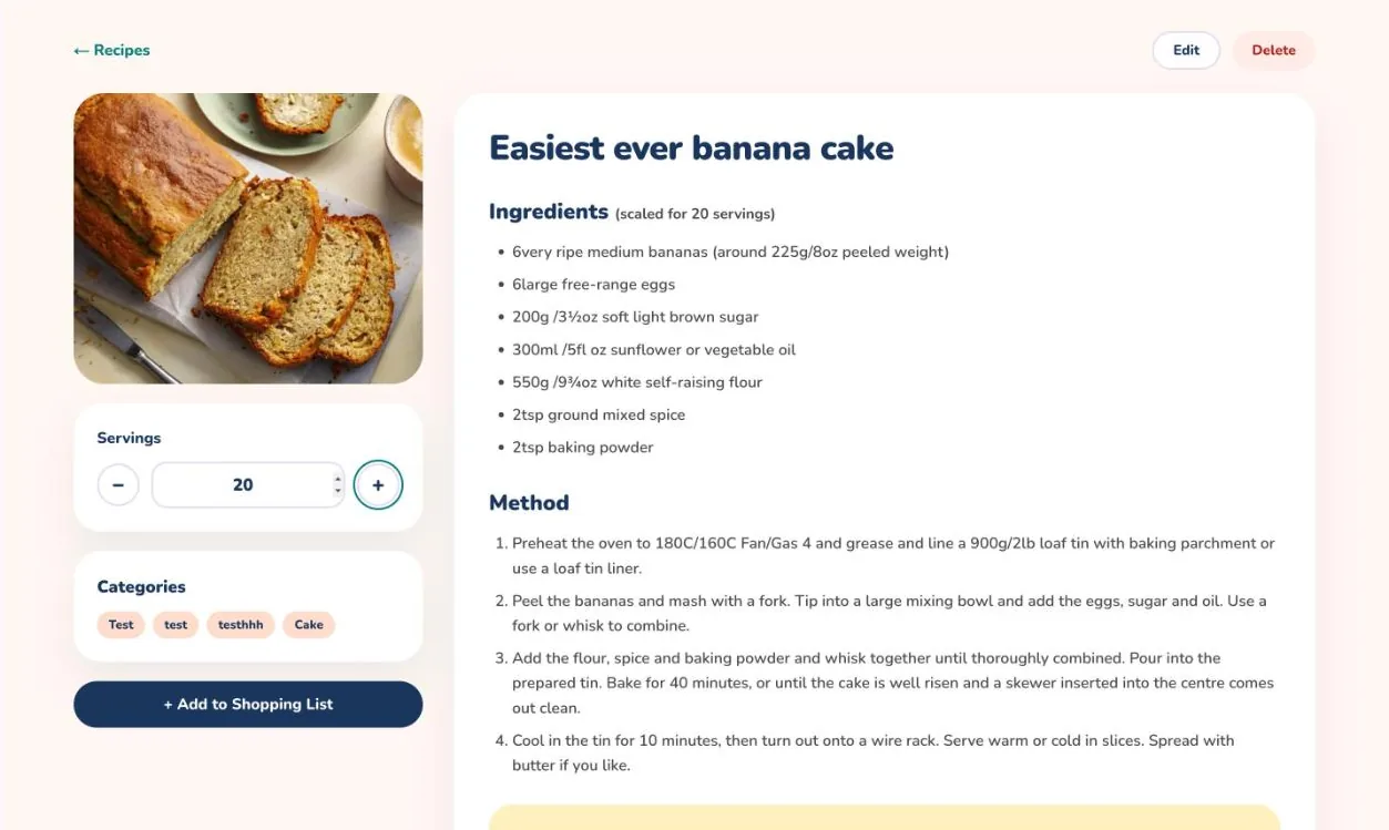 A banana cake recipe on the web scaled from 10 to 20 servings, with every ingredient amount doubled