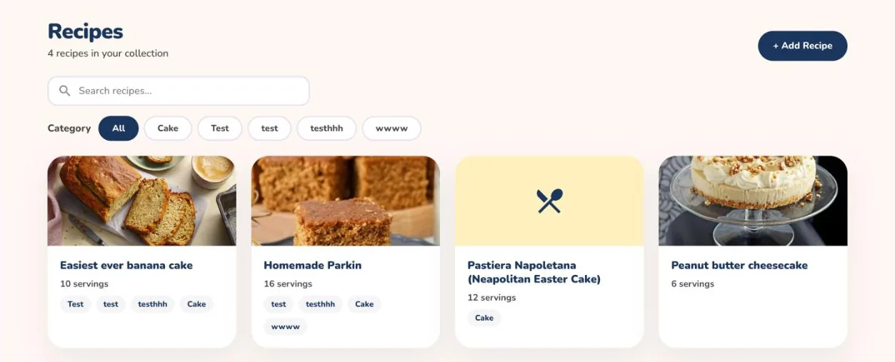 The Recipes page on the web showing a search box, category filters and recipe cards