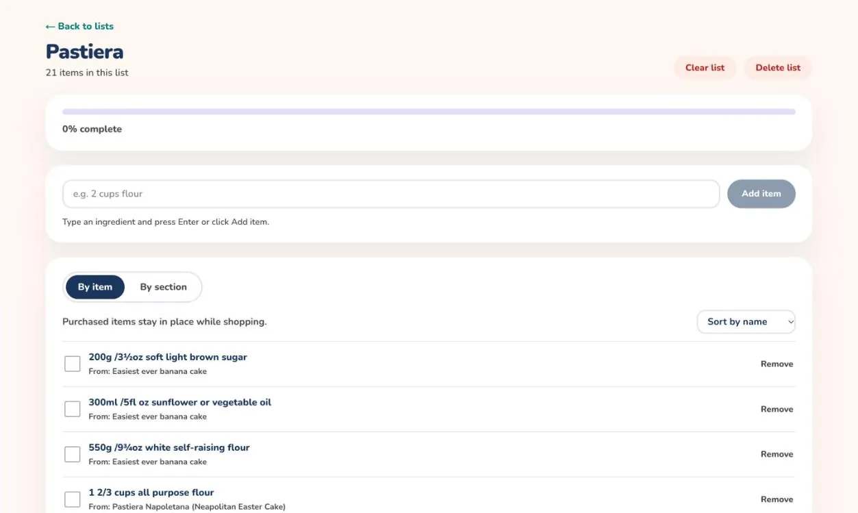 An open shopping list on the web with an add item box, a progress bar and ingredients that show the recipe they came from