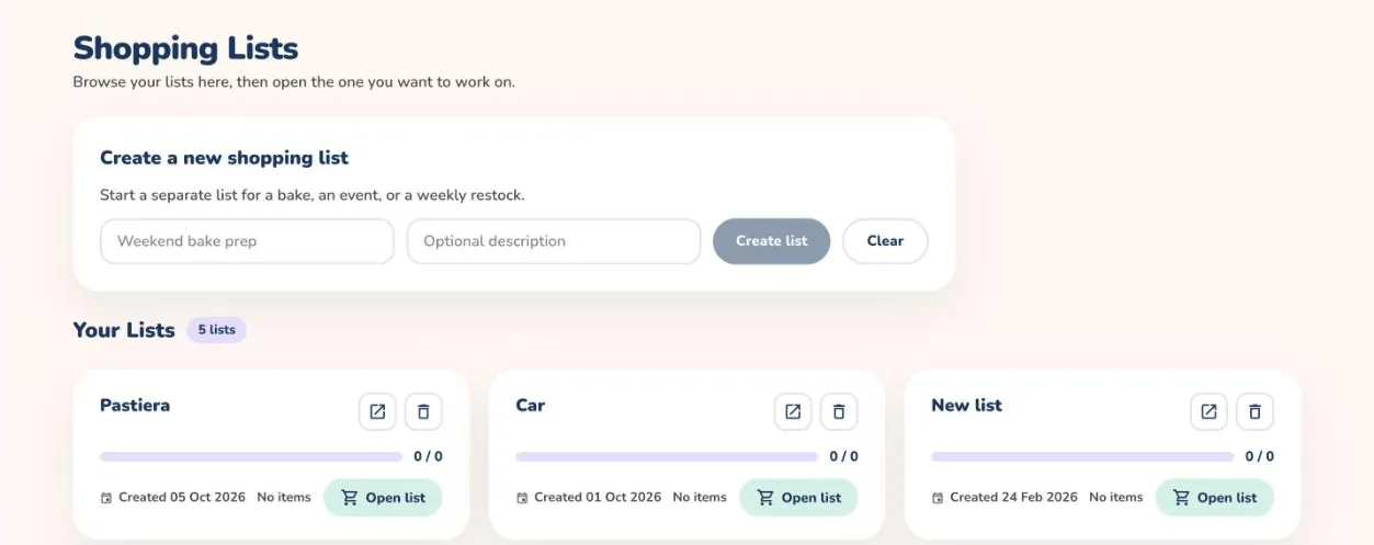 The Shopping Lists page on the web with a form to create a new list and a card for each existing list