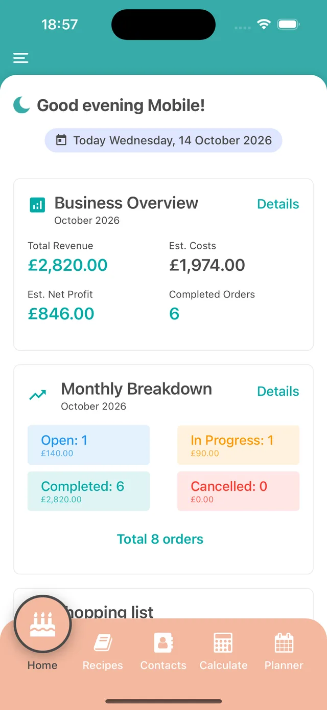 Der Tab Start der mobilen App mit dem Geschäftsüberblick, mit Umsatz, geschätzten Kosten und geschätztem Nettogewinn, und der Monatsübersicht der Bestellungen nach Status