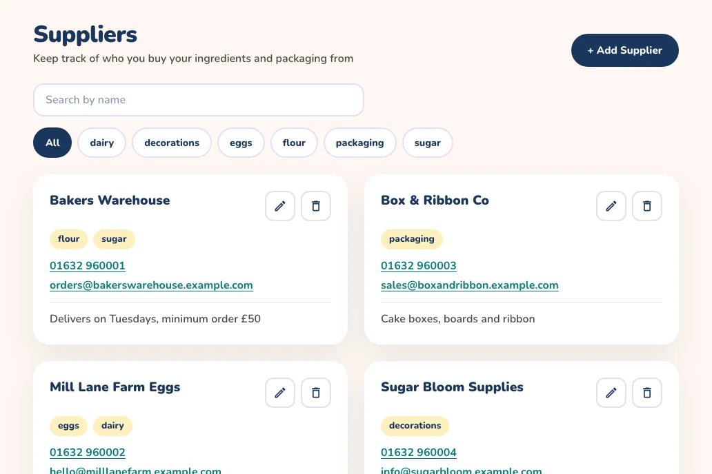 The Suppliers page listing four suppliers with their phone numbers, emails and notes, a search box and category filters