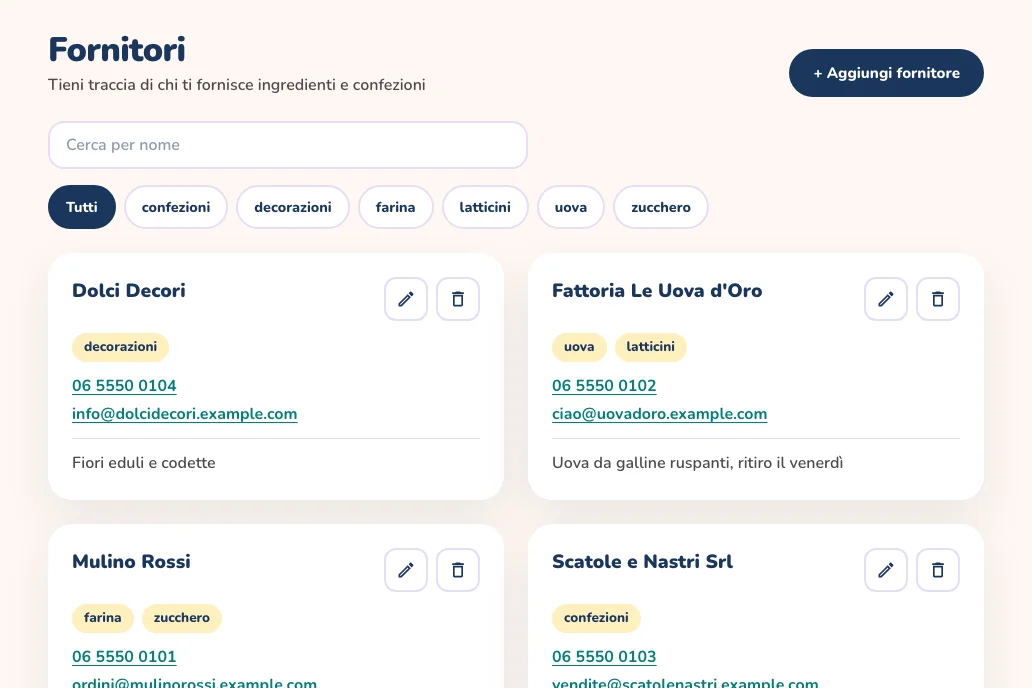 La pagina Fornitori con quattro fornitori, i loro telefoni, email e note, una barra di ricerca e i filtri per categoria
